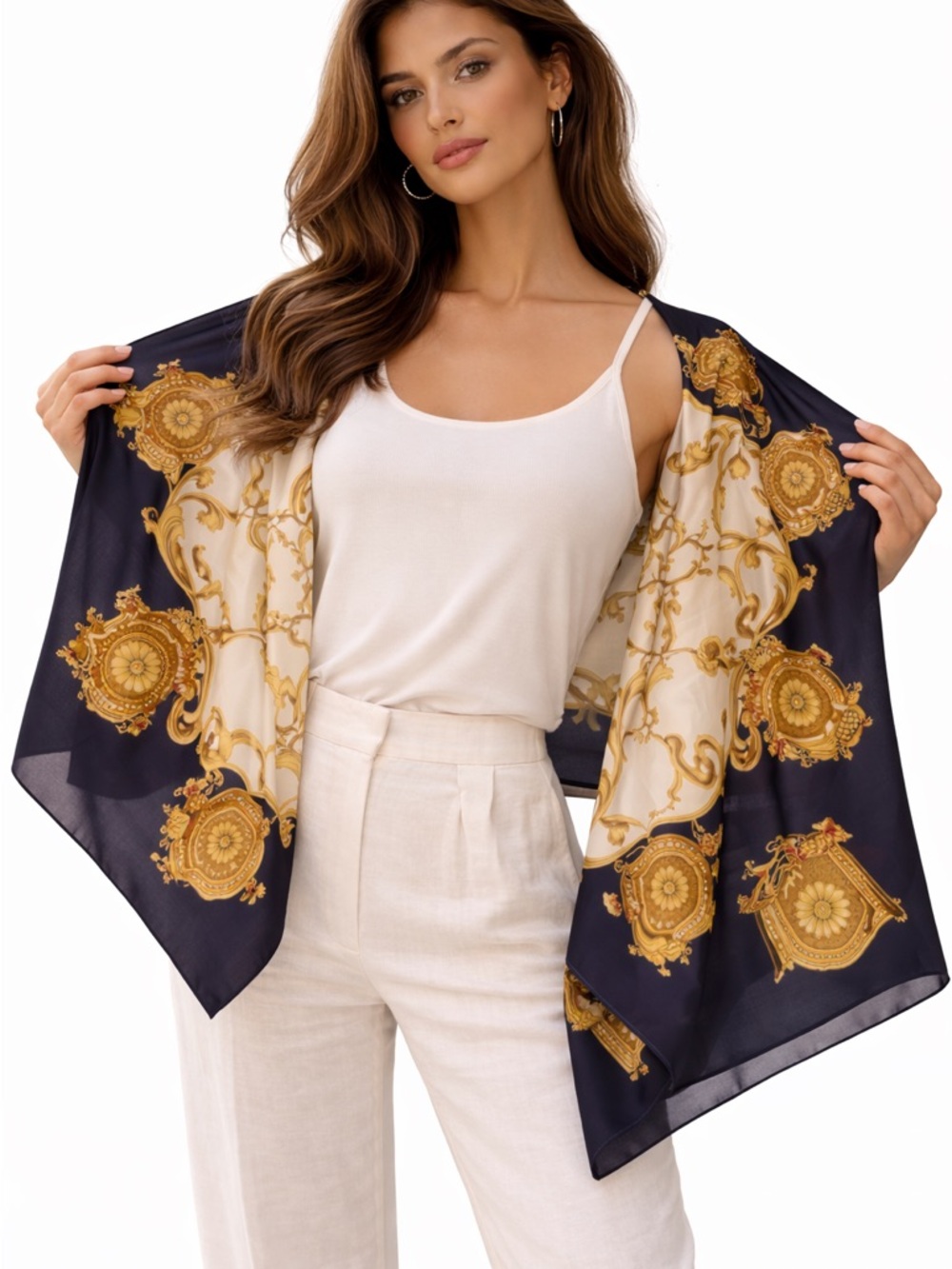 Echo Silk Scarf Navy Gold Baroque Print 34” Square Luxury Chain Medallion